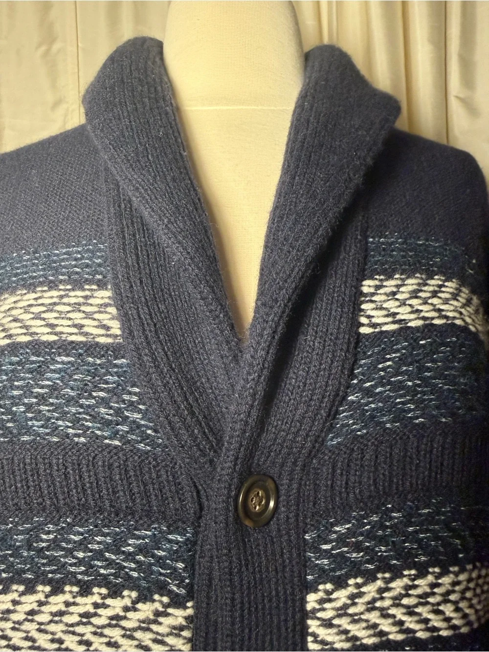 Banana Republic Wool Blend Navy Striped Fair Isle Shawl Collar Cardigan